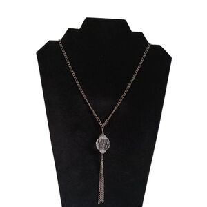 Silver Toned Metal Round Clear Faux Crystal Tassel Pendant Statement Necklace